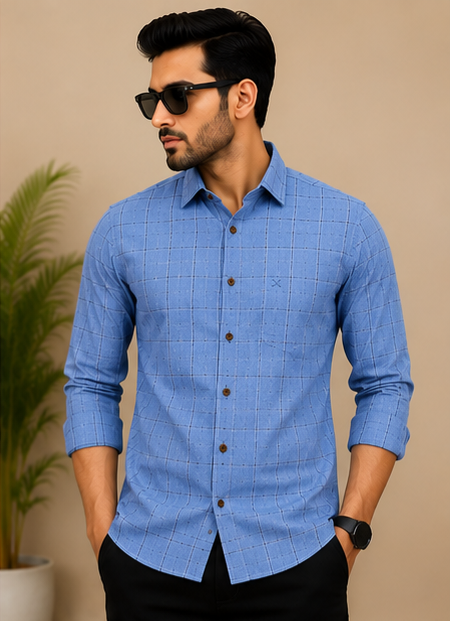 CHILEX Premium Checked Casual Shirt Light Sky Blue