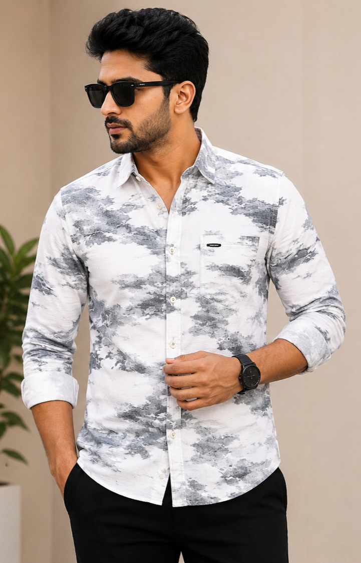 Classic Colors Premium Printed Casual Shirt - White & Grey