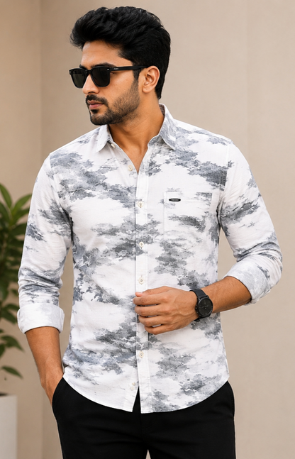 Classic Colors Premium Printed Casual Shirt - White & Grey