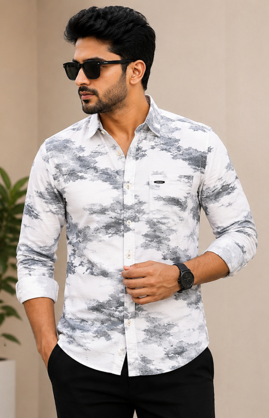 Classic Colors Premium Printed Casual Shirt - White & Grey